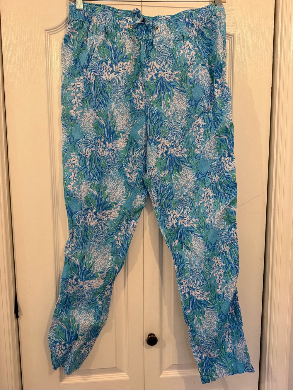 Lilly Pulitzer Taron Linen Pant Las Olas Aqua Strong Current Sea sz large
